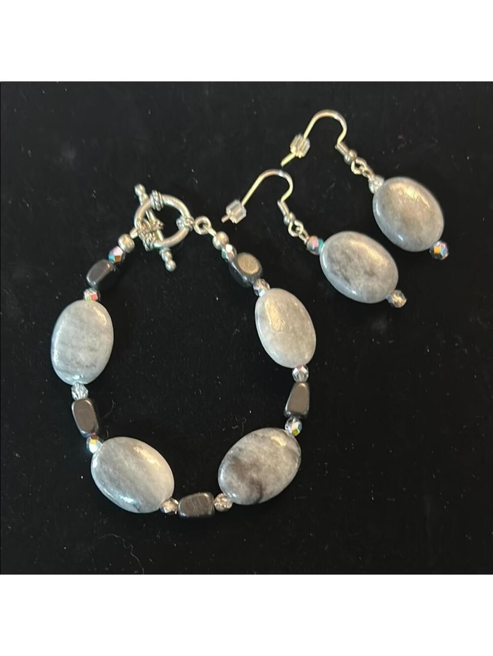 Elegant Gray Stone Bracelet and Earring Set